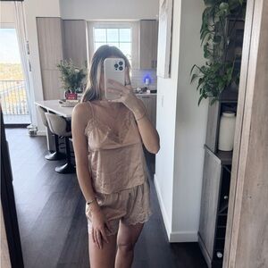 Forever 21 Champagne Satin Lace Trim Sleep Set (Size XS)